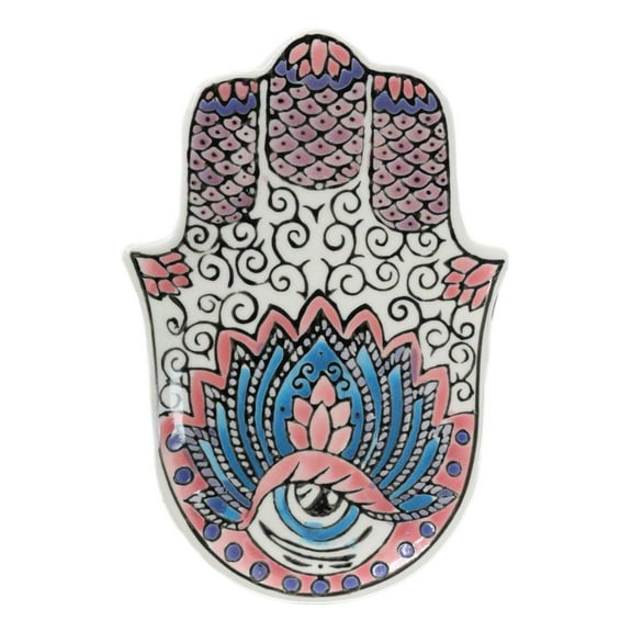 Pink Chakra Hamsa Palm Mandala and Evil Eye Ceramic Dish Brass Incense Holder