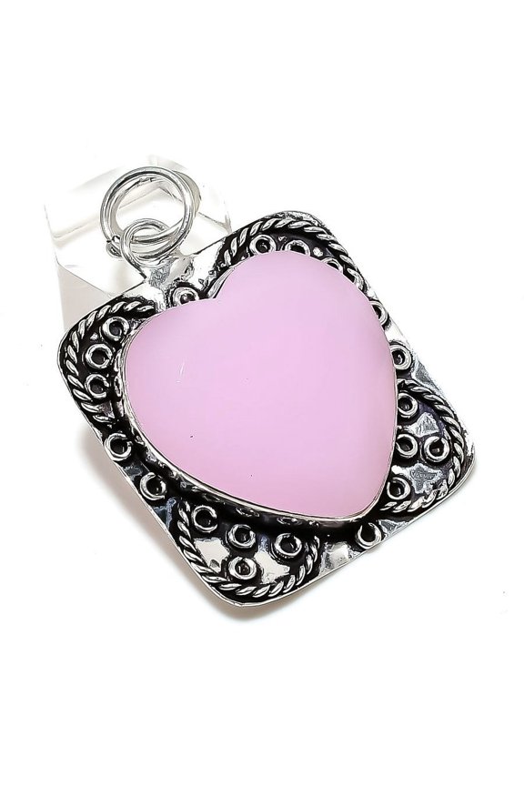 Pink Chalcedony Gemstone Handmade 925 Sterling Silver Jewelry Pendant 2.13"