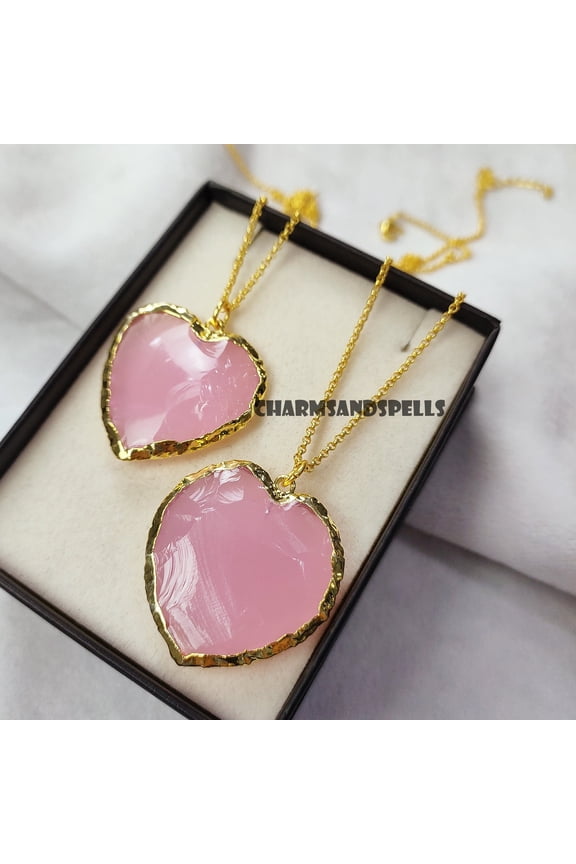 Pink Chalcedony Heart Necklace, Pink Gemstone Pendant, Healing Quartz, Gift Crystal Necklace, Self Care Gift Box, Chalcedony Heart Necklace