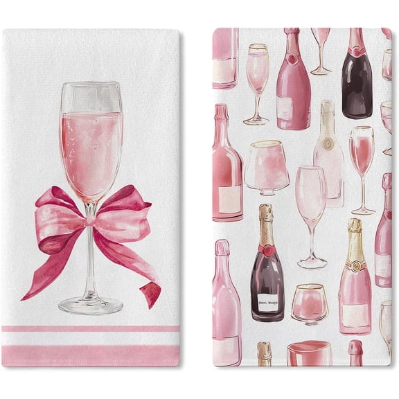 Pink Champagne Kitchen Dish Towels Set of 2, Coquette Bow Glass Girly Drying Hand Towel Baking Cooking Cloth, Sweet Romantic Bathroom Home Decoration Gift for Girls Women 18'' x 26''