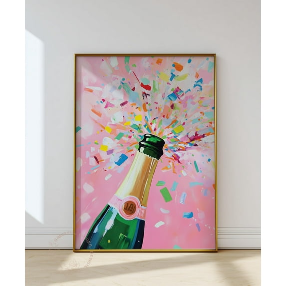 Pink Champagne Pop Bar Cart Art, Trendy Happy Hour Print Home Decor #2216, Stretched Canvas Size 8x12
