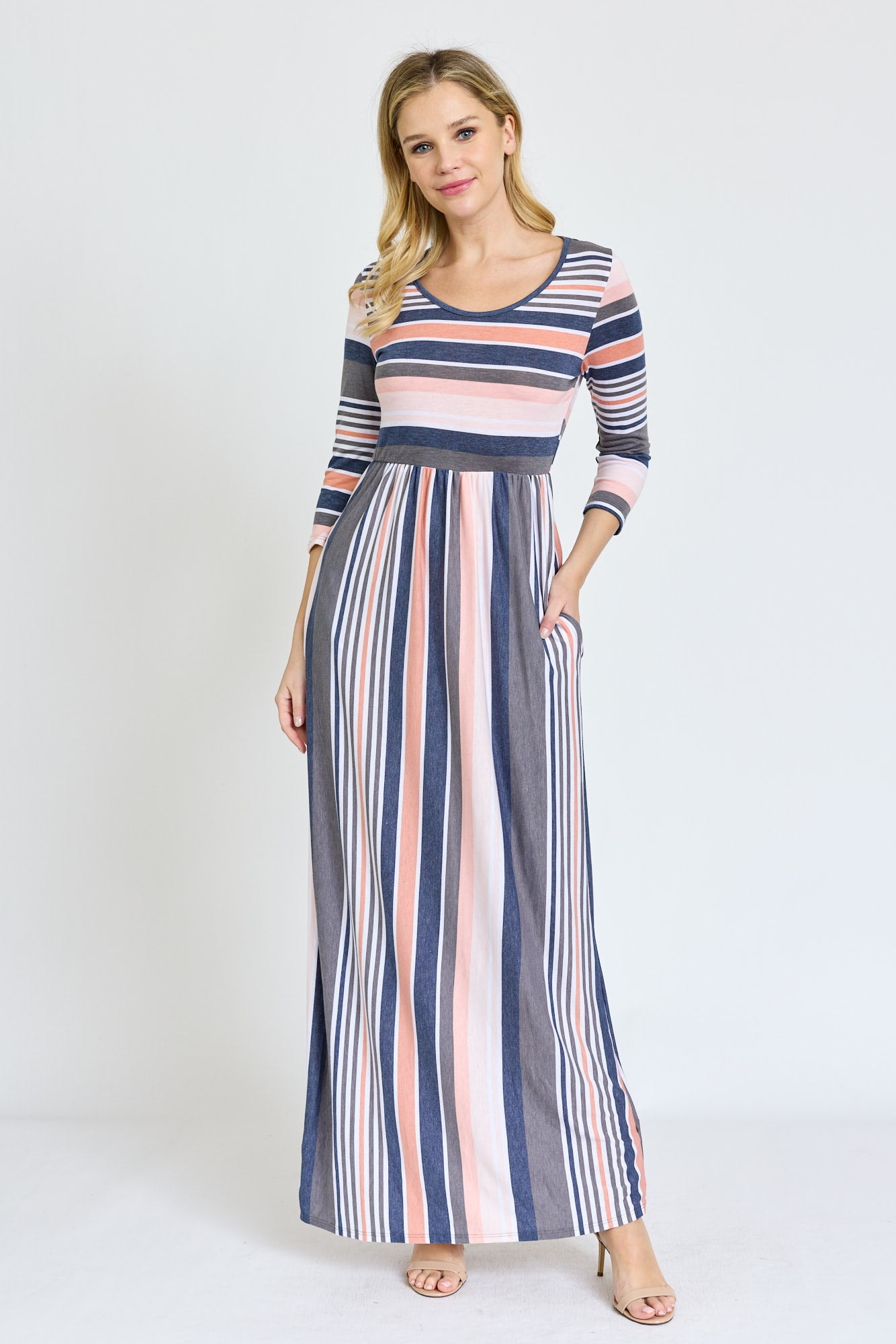 Pink & Charcoal Stripe 3/4 Sleeve Maxi Dress | S-3X - Walmart.com