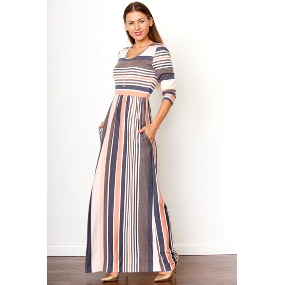 Pink & Charcoal Stripe 3/4 Sleeve Maxi Dress