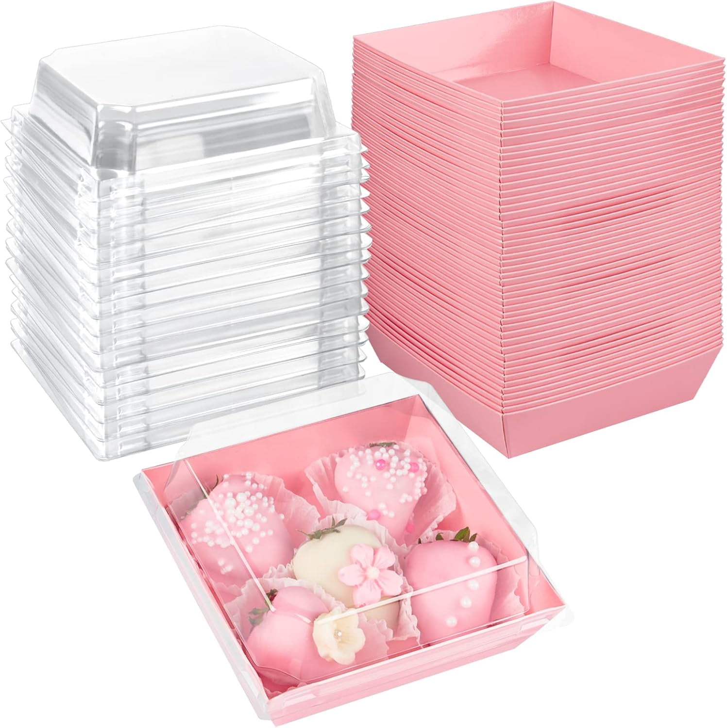 Pink Charcuterie Boxes with Clear Lids 4x4 Inch, 100 Pack Square Kraft ...