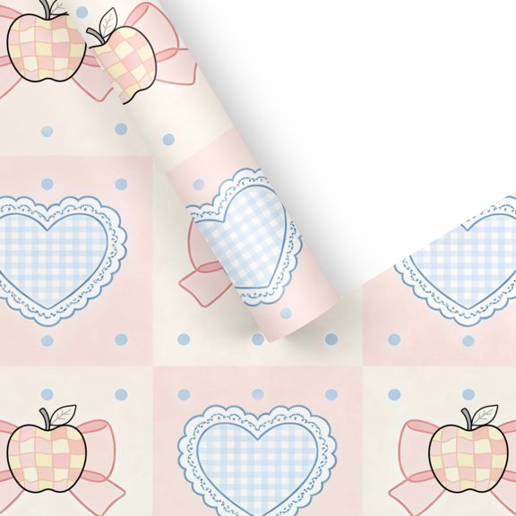 Pink Check Apple Bow Lace Heart Wrapping Paper, 22x58 Inch Coated Craft Paper, Sweet Coquette Pastel Decorative Sheet for Gift Wrap Scrapbook Journal Collage
