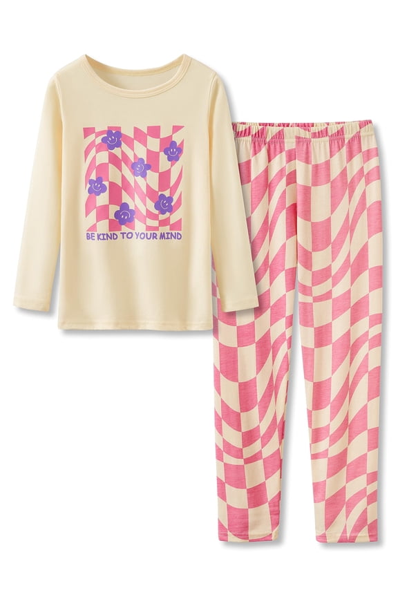 Pink Checker Pajamas for Big/Teen Girls – Cute Autumn 2-Piece Long Sleeves Shirt & Pants PJs Play Set Size 10