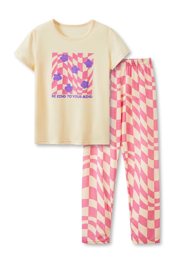 Pink Checker Pajamas for Big/Teen Girls – Cute Summer 2-Piece Short Sleeves Shirt & Pants PJs Play Set Size 12