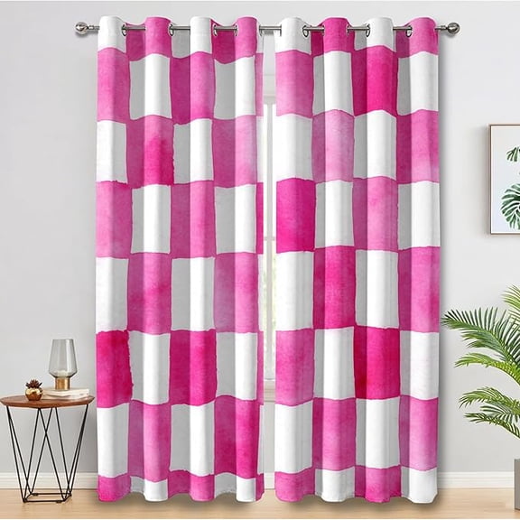 Pink Checkerboard Curtains, Pink White Check Blackout Curtains for Bedroom Living Room Decor, Coquette Gingham Plaid Grommet Thermal Blackout Window Drapes 53"W x 96"L (Pack of 2)
