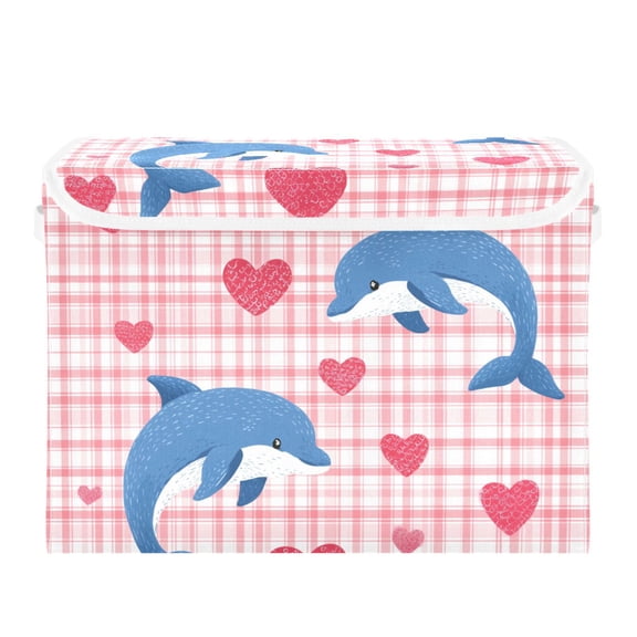 Pink Checkerboard Dolphin in Love Valentine Foldable Storage Bins with Lids Handles Collapsible Storage Containers Tote Boxes 16.5 x 12.6 x 11.8 inches