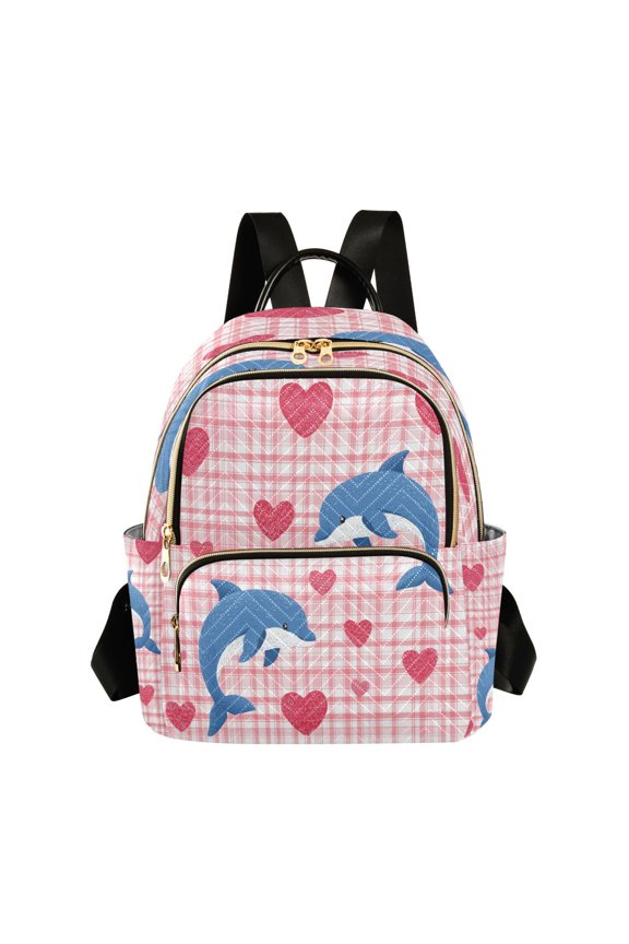 Pink Checkerboard Dolphin in Love Valentine Quilted Backpack Fashion Daypack Commuter Bag for Women 8.5 L