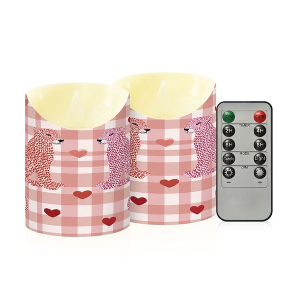 Pink Checkerboard Leopard in Love Valentine Flickering Flameless Candles with Remote Timer Battery Operated LED Tealight Set of 2 M