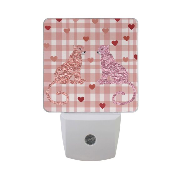 Pink Checkerboard Leopard in Love Valentine LED Night Light Sensor Lamp Plug-in Adjustable Brightness 2 Pack