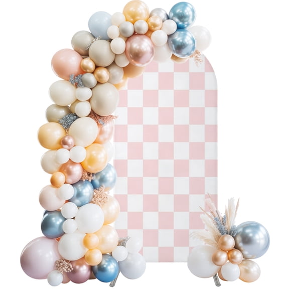Pink Checkerboard Pattern Wedding Arch Backdrop Cover 4FT ,Spandex Fitted Soft Fabric Print Wedding Arch Covers Round Top Chiara Arches Backdrop Stand Cover for Birthday Party Ceremony Banquet