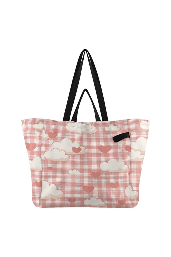 Pink Checkerboard with Valentine Clouds Hearts Foldable Canvas Tote Bags Reusable Grocery Bags Laundry Bags Beach Bag 32L