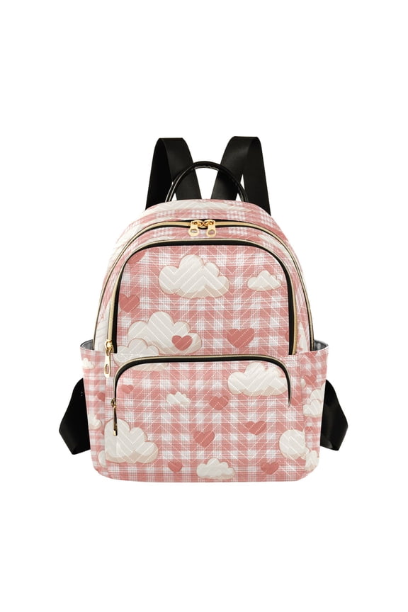 Pink Checkerboard with Valentine Clouds Hearts Quilted Backpack Fashion Daypack Commuter Bag for Women 8.5 L