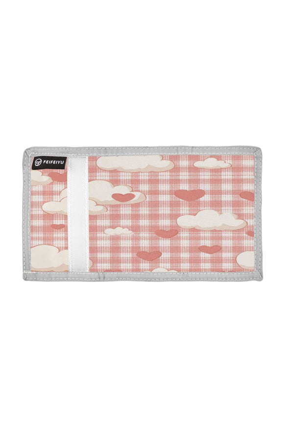 Pink Checkerboard with Valentine Clouds Hearts Trifold Wallets Card Holders Coin Pockets with Lanyards Portable Unisex