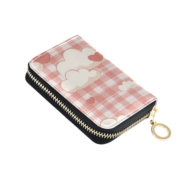 Pink Checkerboard with Valentine Clouds Hearts Women's Credit Card Holder PU Leather Zipper Wallet RFID Blocking