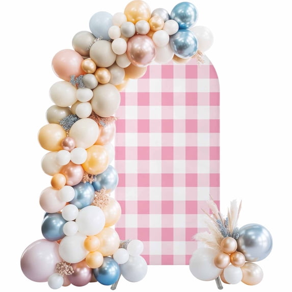 Pink Checkered Arch Backdrop Cover, Spandex Fitted Wedding Arch Cover, Pink White Buffalo Plaid Round Top Stand Covers for Birthday Ceremony Bridal Shower Party Decor 6.6x3.3 Ft