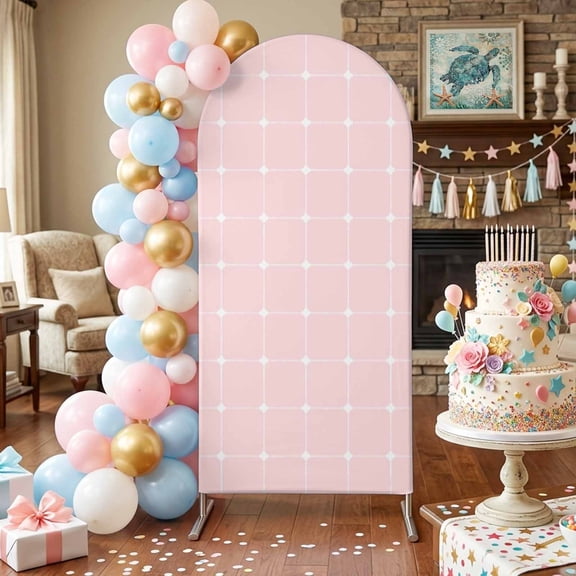 Pink Checkered Arch Backdrop Covers 4 FT, Modern Minimalist Geometric Grid Lines Plaid Stretchy Fitted Arched Stand Covers Party Arch Stand Cover Photo Booth for Wedding Birthday Decor