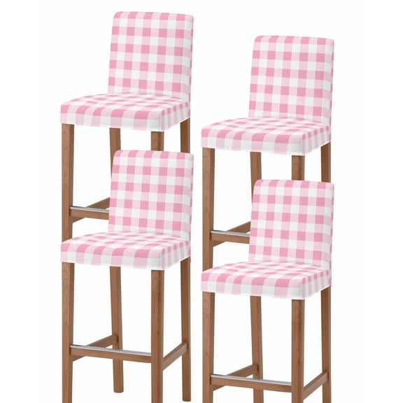 Pink Checkered Bar Stool Covers Set of 4, Pink White Buffalo Plaid Stretch Washable Bar Chair Covers with Backs, Removable Pub Counter Height Chair Cover for Kitchen Dining Room Cafe