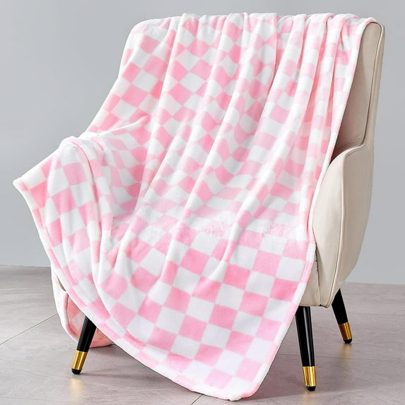 Pink Checkered Blanket, Ultra Soft Fleece Checkered Throw Blankets for Couch Bed and Travel, Luxury Throws for All Seasons, 50x60 Inch, Pink