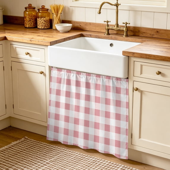Pink Checkered Cabinet Curtains 35"W x 35"L, Farmhouse Buffalo Plaid Sink Skirt for Bathroom Vanity Kitchen Self Adhesive, Dust-Proof Privacy Curtain for Shelves Closet Laundry Room Pantry