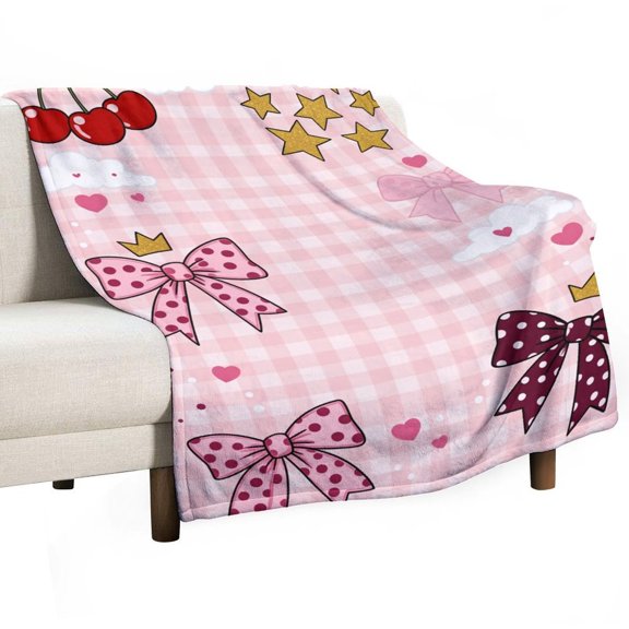 Pink Checkered Cherry Bows Stars Hearts Blanket for Bed Throw Blanket for Women, Men Super Soft Plush Blanket Throw, Print Blanket