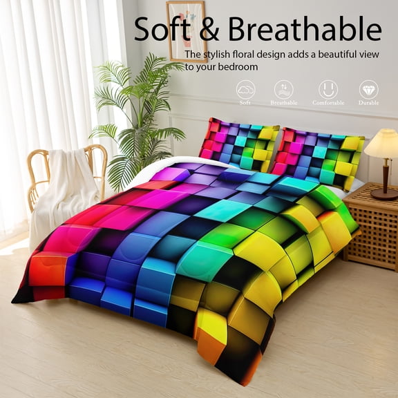 Pink Checkered Comforter Set King Size, Checkered Bedding Set, Colorful Checkered King Size Bedding Set, 3-Piece Set (1 Comforter + 2 Pillowcases), Soft, Comfortable, and Breathable Printed Set