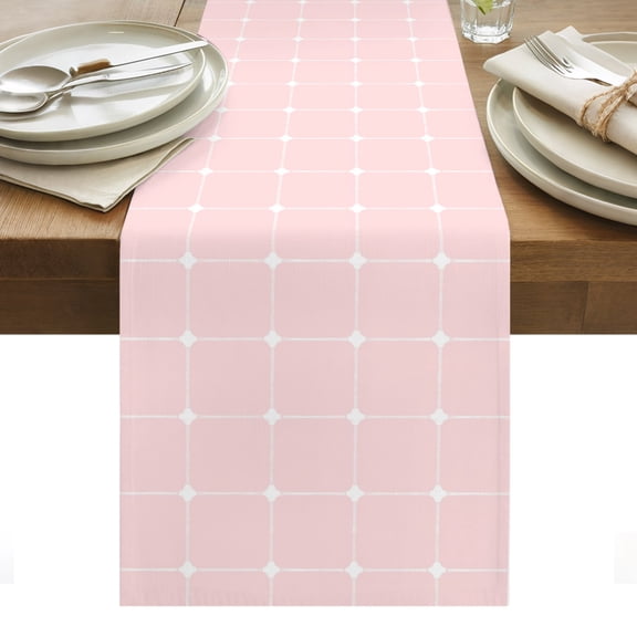 Pink Checkered Cotton Linen Table Runner Modern Minimalist Geometric Grid Lines Plaid Dining Table Runners for Home Decor Party Dining Room Restaurant Kitchen Party 13" x 90"