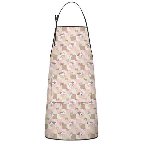 Pink Checkered Cow Pattern Apron-Garden Aprons for Women with Pockets-Cotton Linen Waterproof Kitchen Cooking Gardening Aprons Adjustable for Kitchen,Cooking,BBQ and Salon 33x27 Inch