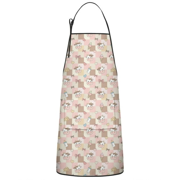 Pink Checkered Cow Pattern Apron-Garden Aprons for Women with Pockets-Cotton Linen Waterproof Kitchen Cooking Gardening Aprons Adjustable for Kitchen,Cooking,BBQ and Salon 33x27 Inch