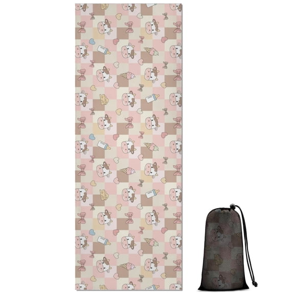 Pink Checkered Cow Pattern Hot Yoga Mat Towel Non Slip for Hot Yoga - Quick-Drying Yoga Mat Cover with 4 Corner Pockets with Travel Bag - Hot Yoga Towel Non Slip Grip Moisture Wicking Sweat 70"x26"