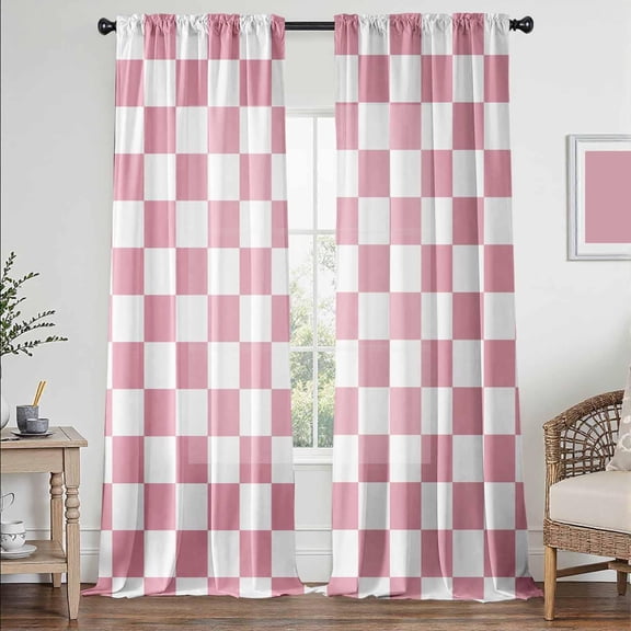 Pink Checkered Curtains for Bedroom,Rod Pocket Pink and White Semi Sheer Curtains Farmhouse Retro Checkerboard Light Filtering Drapes for Living Room,Set of 2 Window Curtain Panels,52 x 84 Inch