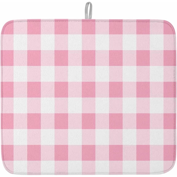 Pink Checkered Dish Drying Mat for Kitchen Counter, Pink White Buffalo Plaid Microfiber Baby Bottle Drying Pad, Absorbent Coffee Cup Dishes Drainer Mats 16"x18", 1 Pcs