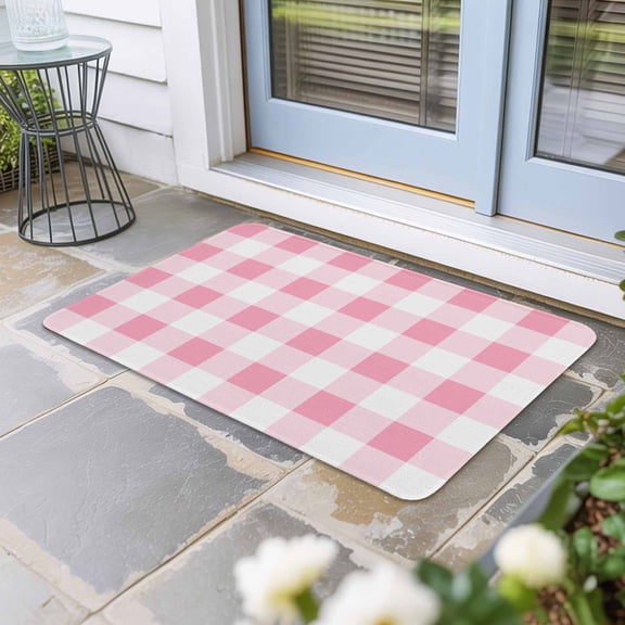 Pink Checkered Door Mat Indoor Outdoor, Pink White Buffalo Plaid Non Slip Welcome Mat with Rubber Backing, Absorbent Fabric Front Door Mats Entryway Rug for Home Patio Entrance 16"x24"
