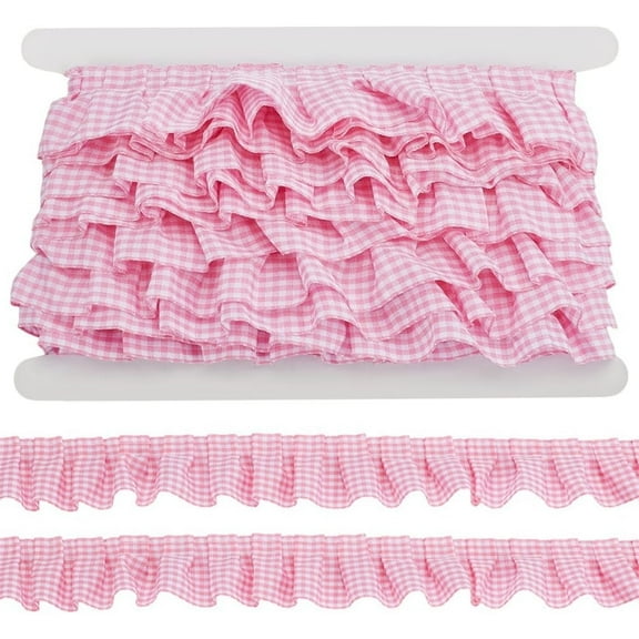 Pink Checkered Fabric Trim Edge,1.57" x 5yd Gingham Ruffle Ribbon Trim,Gingham Pleated Lace Trim,Home Decorations,for DIY Craft Sewing Dress Clothing Applique By Scheam