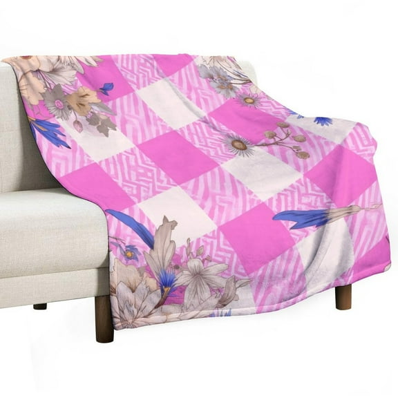 Pink Checkered Floral Pattern Blanket Soft Cozy Flannel Blanket for man women