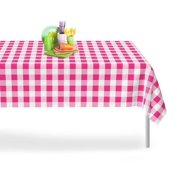 Pink Checkered Gingham 12 Pack Premium Disposable Plastic Tablecloth 54 Inch. x 108 Inch. Rectangle Table Cover By Grandipity