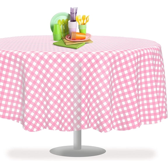 Pink Checkered Gingham 12 Pack Premium Disposable Plastic Tablecloth 84" Inch Round Table Cover By Grandipity