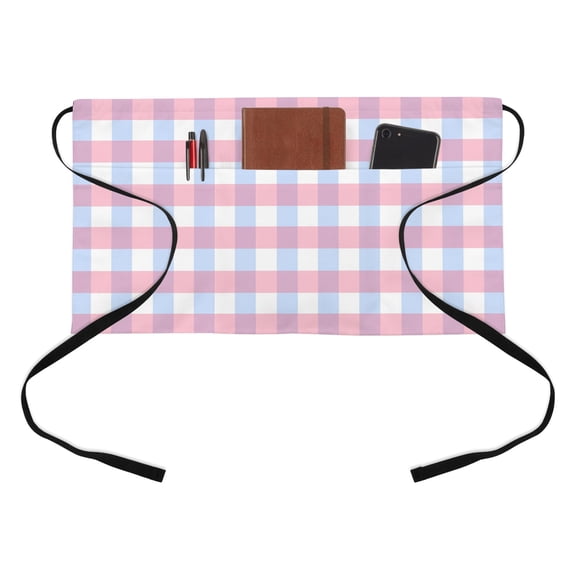 Pink Checkered Kitchen Restaurant Half Waist Apron, Blue Pink Plaid Checkered Modern Country Style Server Short Apron with 3 Pockets Waterproof Oil Waist Aprons for Women Waitress Waiter