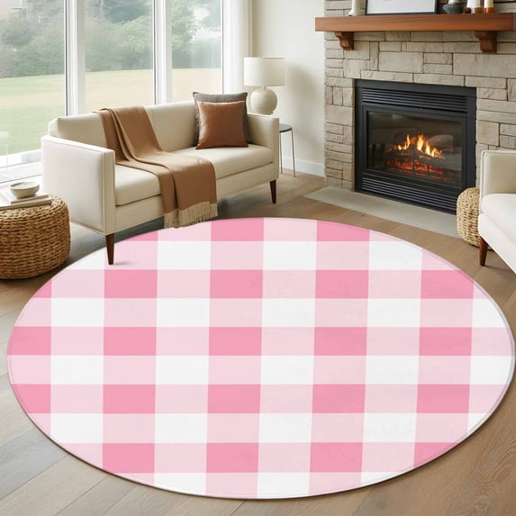 Pink Checkered Large Round Rug 8 FT, Non Slip Living Room Area Carpet, Pink White Buffalo Plaid Washable Soft Circle Rug Non-Shedding Floor Carpet for Bedroom Office Dining Room