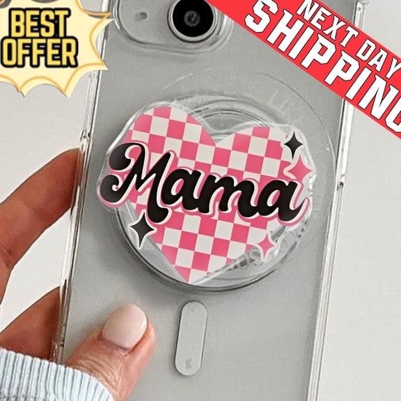 Pink Checkered Mama Heart Phone Grip & Stand, Retro Mothers Day Phone Holder, Y2K Checkerboard Aesthetic Gift