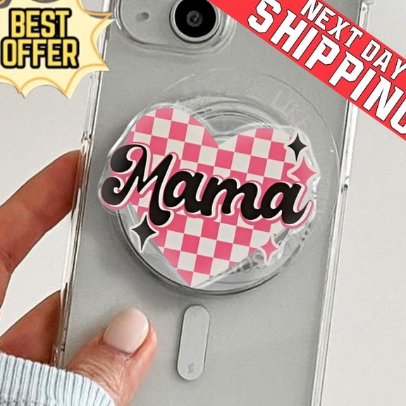 Pink Checkered Mama Heart Phone, Retro Mothers Day Phone, Y2K Phone Grip, Mom Gift Phone Holder, E-Reader Accessory