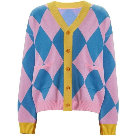 Pink Checkered Pattern Cardigan Sweater Knitted Jacket V-Neck Button Outwear