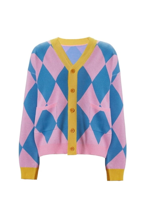 Pink Checkered Pattern Cardigan Sweater Knitted Jacket V-Neck Button Outwear
