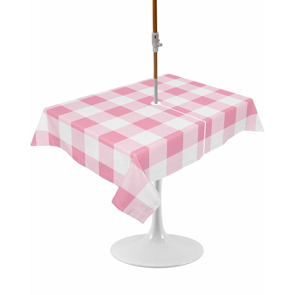 Pink Checkered Rectangle Outdoor Tablecloth, Waterproof Table Cloth Cover with Umbrella Hole and Zipper, Pink White Buffalo Plaid Table Protector for Patio Party Picnic 52"x70"