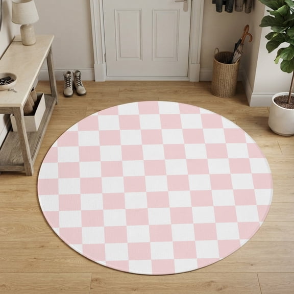 Pink Checkered Round Area Rug 6Ft Washable Circle Rugs for Bathroom Office, Geometric Pink Buffalo Plaid Non-Slip Carpet Floor Mats Indoor Outdoor Carpet Runner Aesthetic Home Decor