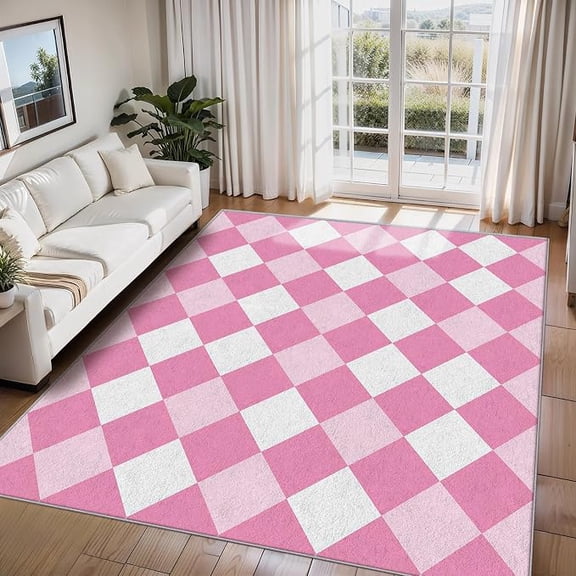 Pink Checkered Rugs for Living Room, Funky Retro Checkerboard Home Decor Indoor Carpet for Bedroom, Washable Checkered Area Rugs, Non-Slip Backing 5 x 8ft