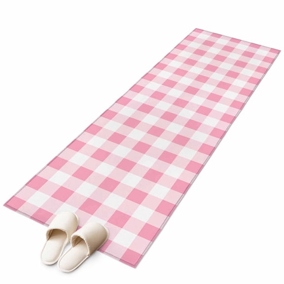 Pink Checkered Runner Rug 2x6 FT, Non Slip Hallway Carpet, Pink White Buffalo Plaid Washable Soft Floor Carpet Non-Shedding Throw Runner Carpet Long Rug for Entryway Kitchen Bedside Sliding Door