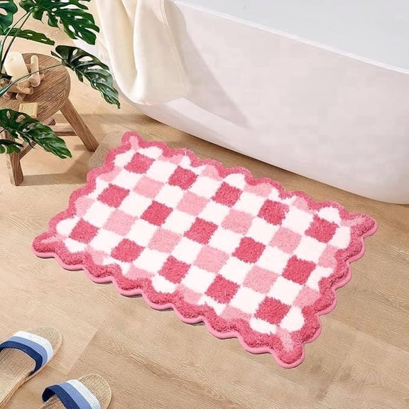 Pink Checkered Scalloped Bath Mat Cute Plush Microfiber Bathroom Rug with Non-Slip Backing, Quick Dry Absorbent Floor Carpet for Shower, Vanity, and Entryway
